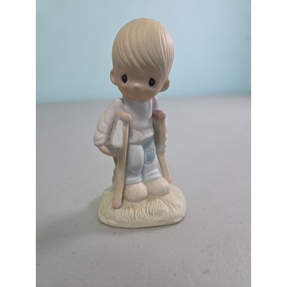 PRECIOUS MOMENTS He Watches Over Us All 1979 E-3105 Boy w/Bible & Crutches